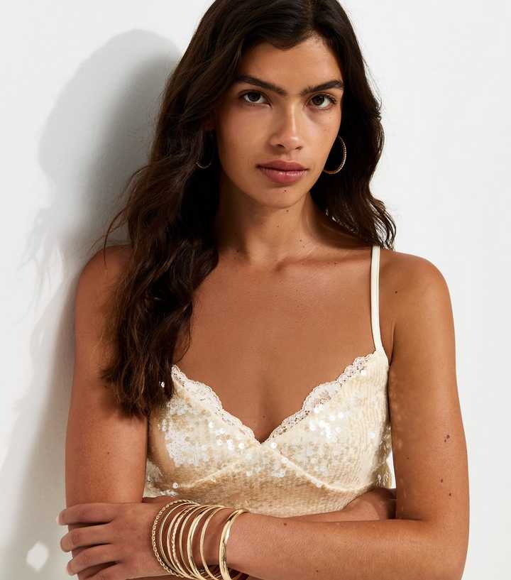 Cream Sequin Embellished Lace Trim Cami Top