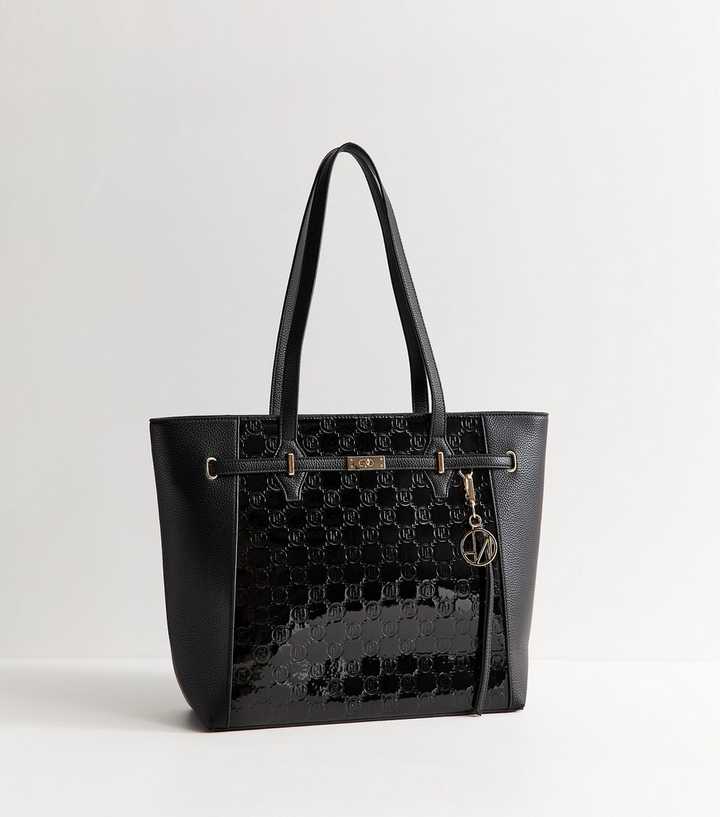 Black Patent Faux Leather Belted Monogram Tote Bag
