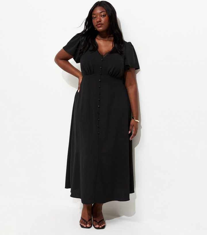 Curves Black Lace Trim Midi Tea Dress