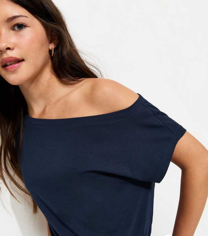 Girls Navy Cotton Rich Off The Shoulder Top