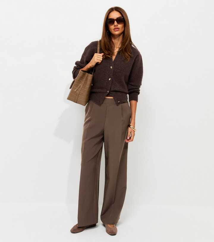 Petite Dark Brown Pull On Wide Leg Trousers