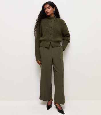 Petite Dark Khaki Pull On Wide Leg Trousers