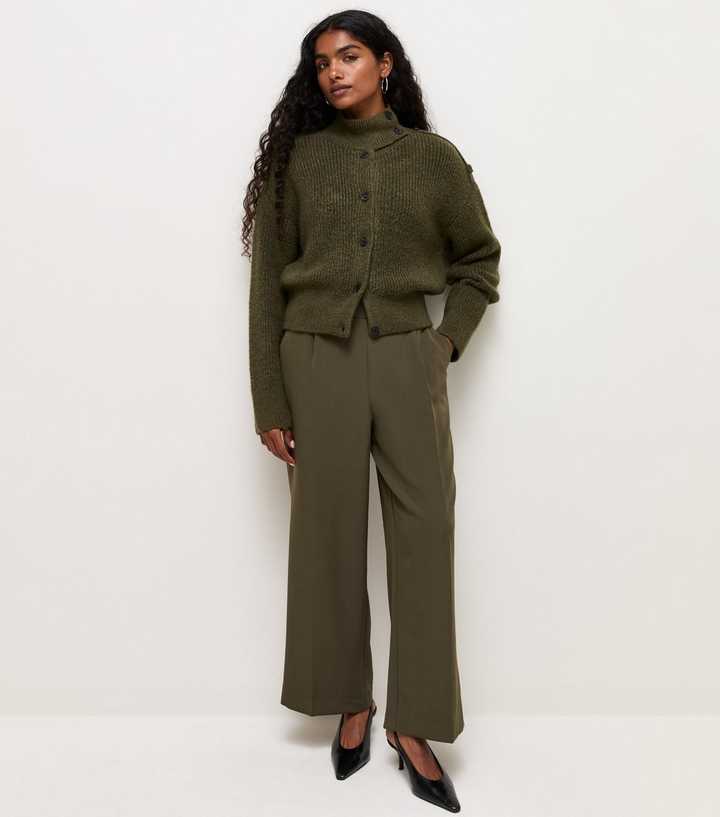 Petite Dark Khaki Pull On Wide Leg Trousers