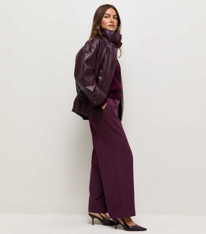 Petite Dark Burgundy Pull On Wide Leg Trousers