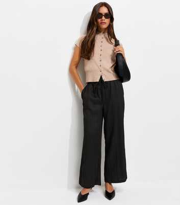 Petite Black Crinkle Jersey Wide Leg Trousers