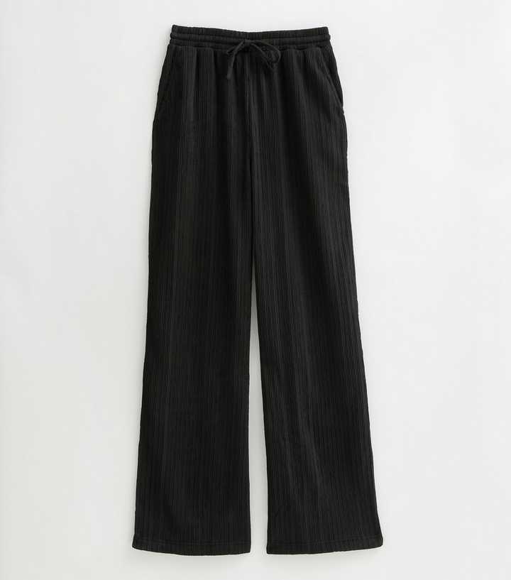Tall Black Crinkle Texture Wide Leg Jersey Trousers