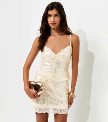Stone Sequin Lace Trim Mini Skirt