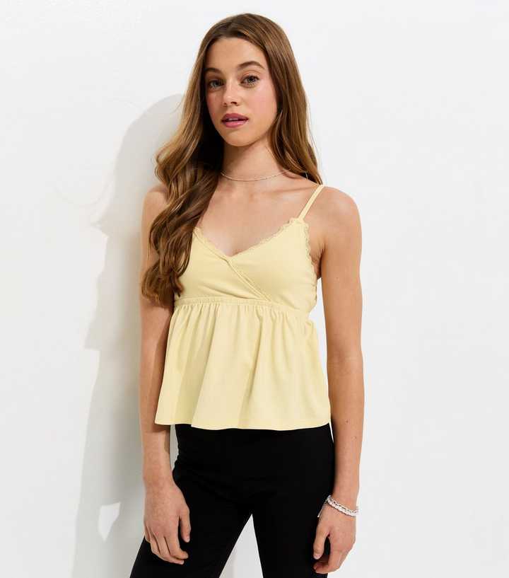 Girls Light Yellow Cotton Rich Lace Trim Triangle Cami Top