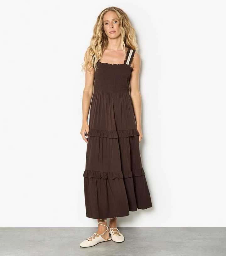 Apricot Dark Brown Crochet Midi Dress