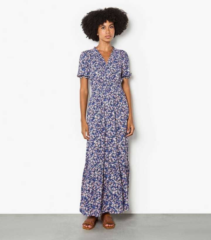 Apricot Blue Smock V Neck Floral Maxi Dress
