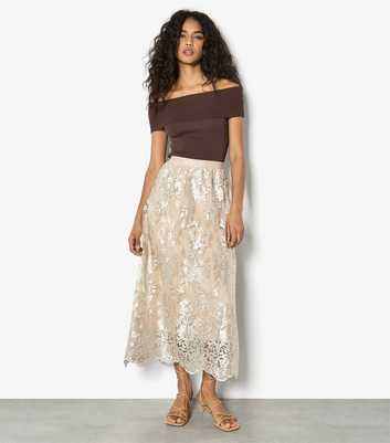 Apricot Stone Embroidered Mesh Scallop Skirt