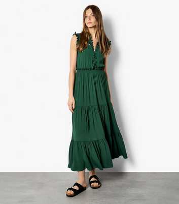Apricot Dark Green Ruffle Tiered Midi Dress