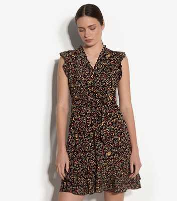 Apricot Black Flower Print Ruffle Trim Mini Dress