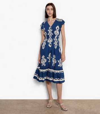 Apricot Blue Button Front Midi Dress