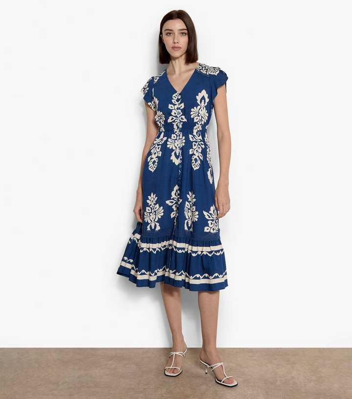 Apricot Blue Button Front Midi Dress