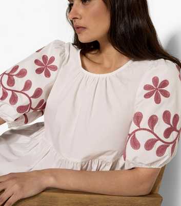 Apricot White Floral Embroidery Peplum Top