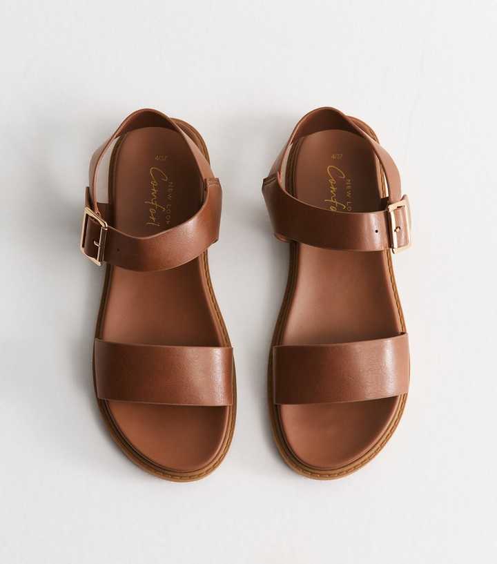 Tan Faux Leather Wide Strap Flat Sandals