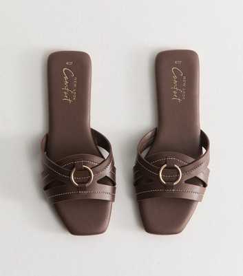 Brown Faux Leather Contrast Stitch Hardware Detail Flat Sandals