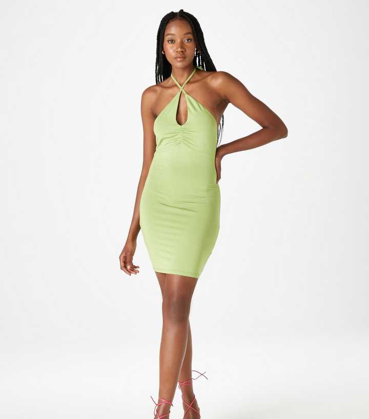 Urban Bliss Light Green Key Hole Halter Neck Mini Dress