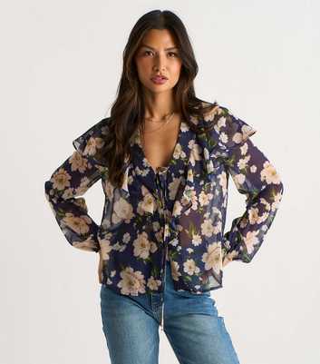 Gini London Navy Floral Ruffle Front Blouse