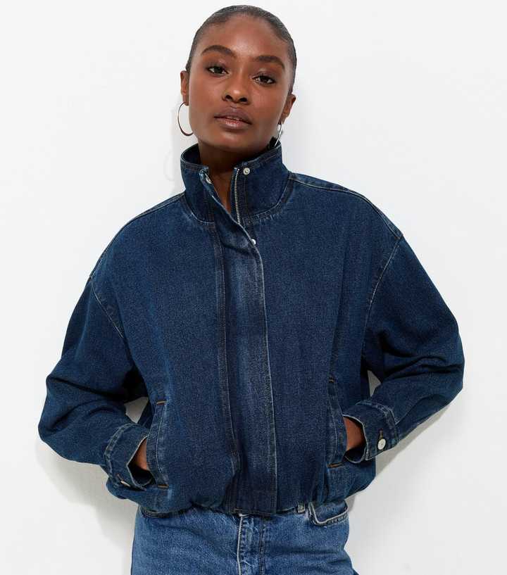 Blue Cotton Funnel Neck Denim Jacket