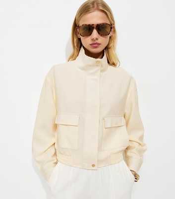 Cream High Neck Zip Up Utility Bomber Jacket