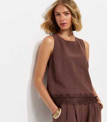 Dark Brown With Cotton Lace Hem Sleeveless Top