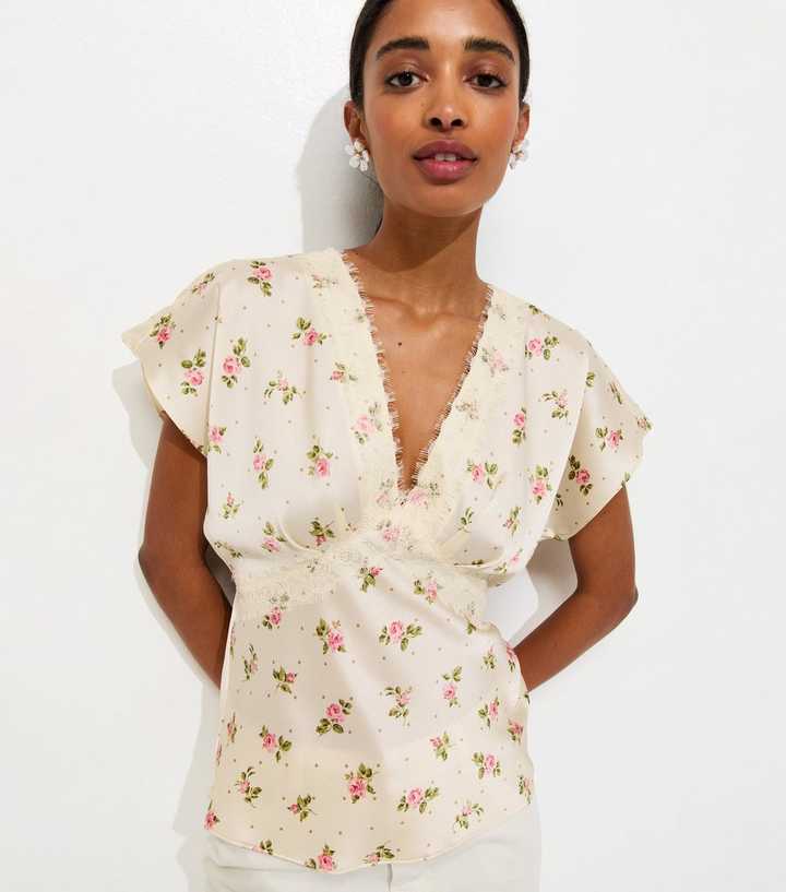 Cream Satin Floral Lace Trim Tea Top