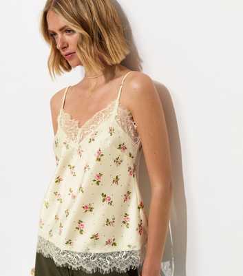 Cream Satin Floral Lace Trim Cami Top