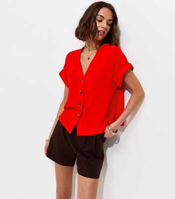 Red Button Through Folded Cuff Top