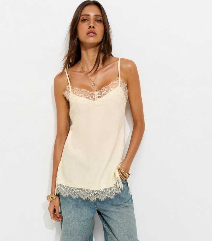 Off White Lace Trimmed Longline Cami Top
