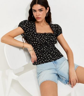 Black Cotton Ditsy Floral Lace Trim Milkmaid Top | New Look