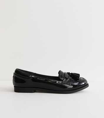 Black Faux Patent Leather Tassel Trim Loafers