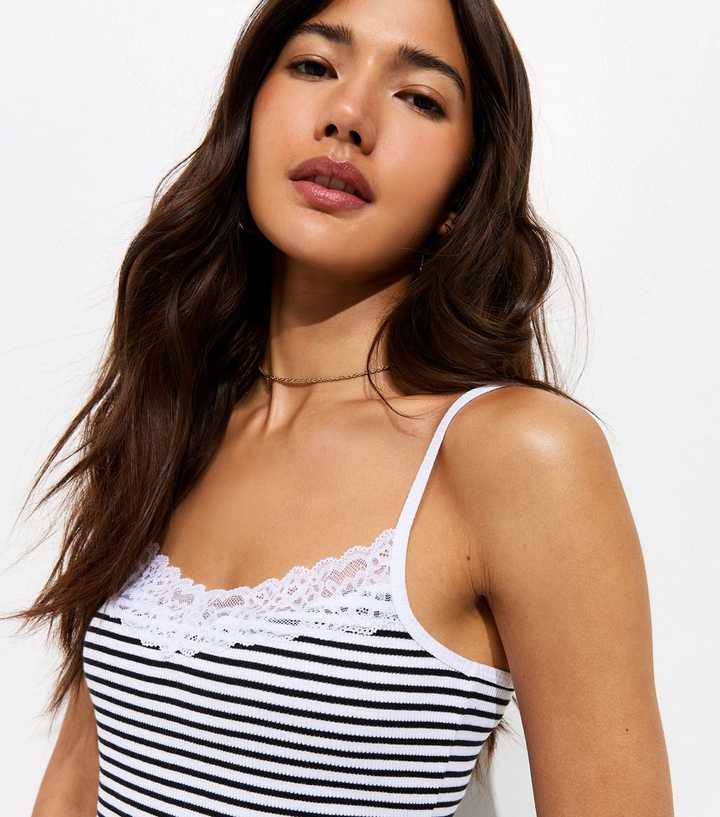White Cotton Rich Ribbed Striped Lace Trim Cami Top