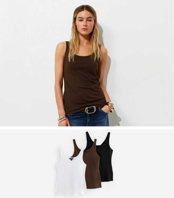 Brown Cotton Pack of Three Jersey Scoop Neck Vest Tops