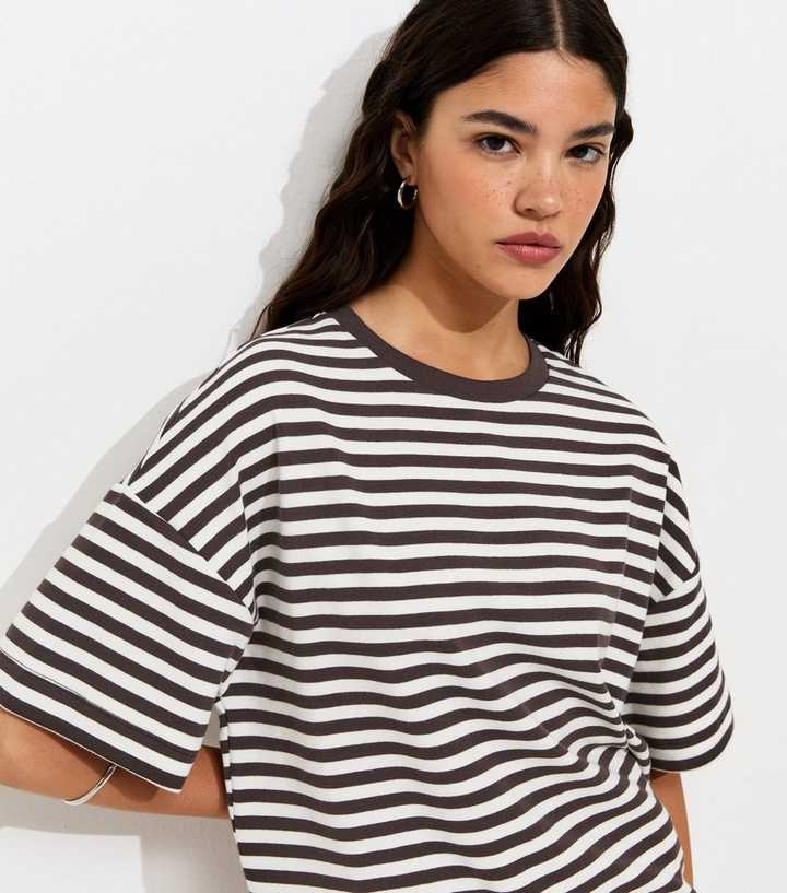 Brown Cotton Rich Striped Oversized Boxy T-Shirt
