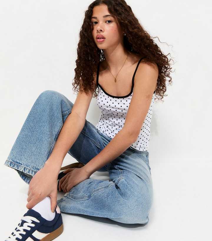 Girls White Polka Dot Stretch Cotton Scoop Cami Top