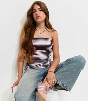 Girls Blue Cotton Rich Striped Ruched Side Bandeau Top