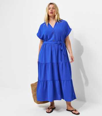 Curves Bright Blue Tiered Midi Shirt Dress