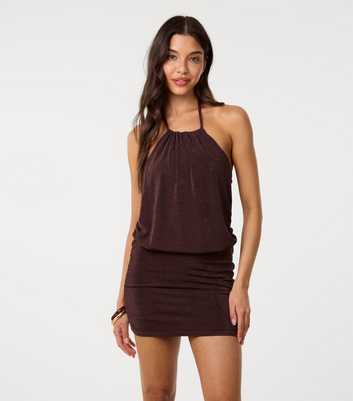 Pink Vanilla Dark Brown Halter Neck Mini Dress