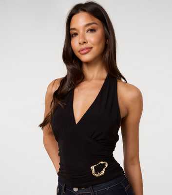 Pink Vanilla Black Abstract Buckle Halter Neck Top
