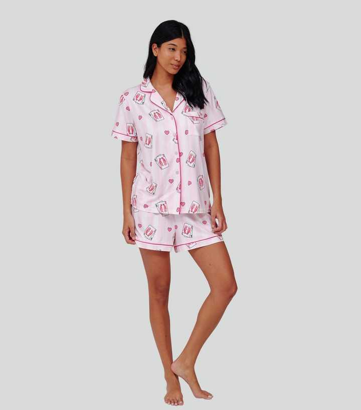 Loungeable Pink Card Print Short Sleeve Shirt Pyjama Set