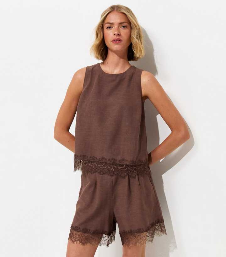 Dark Brown With Cotton Lace Hem Shorts