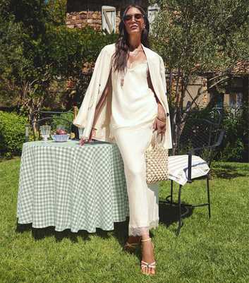 Cream Textured Lace Trim Midi Skirt