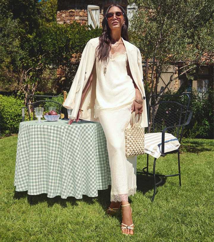 Cream Textured Lace Trim Midi Skirt