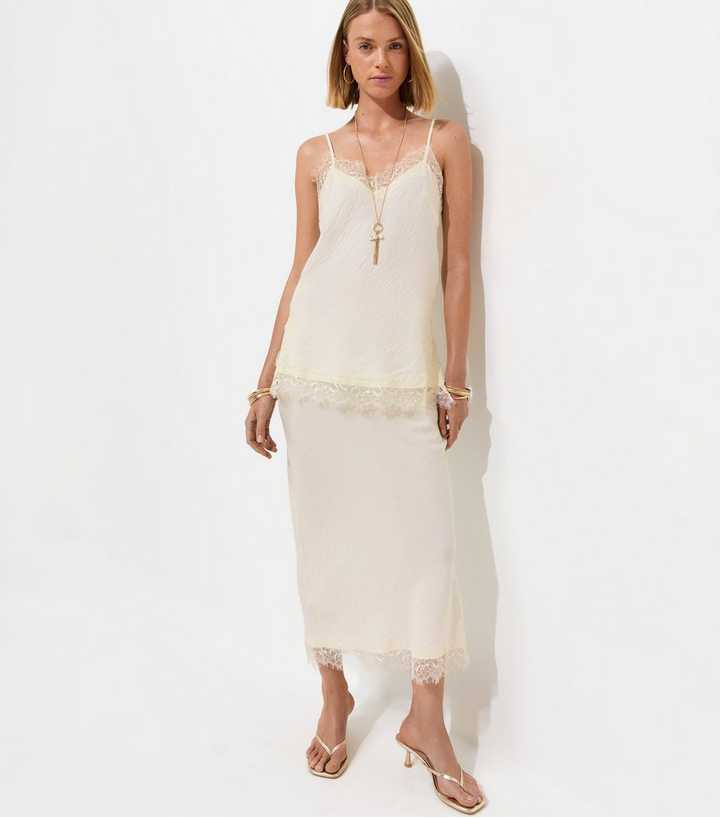 Cream Textured Lace Trim Midi Skirt