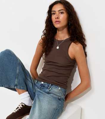 Dark Brown Cotton Rich Racer Back Ribbed Vest Top