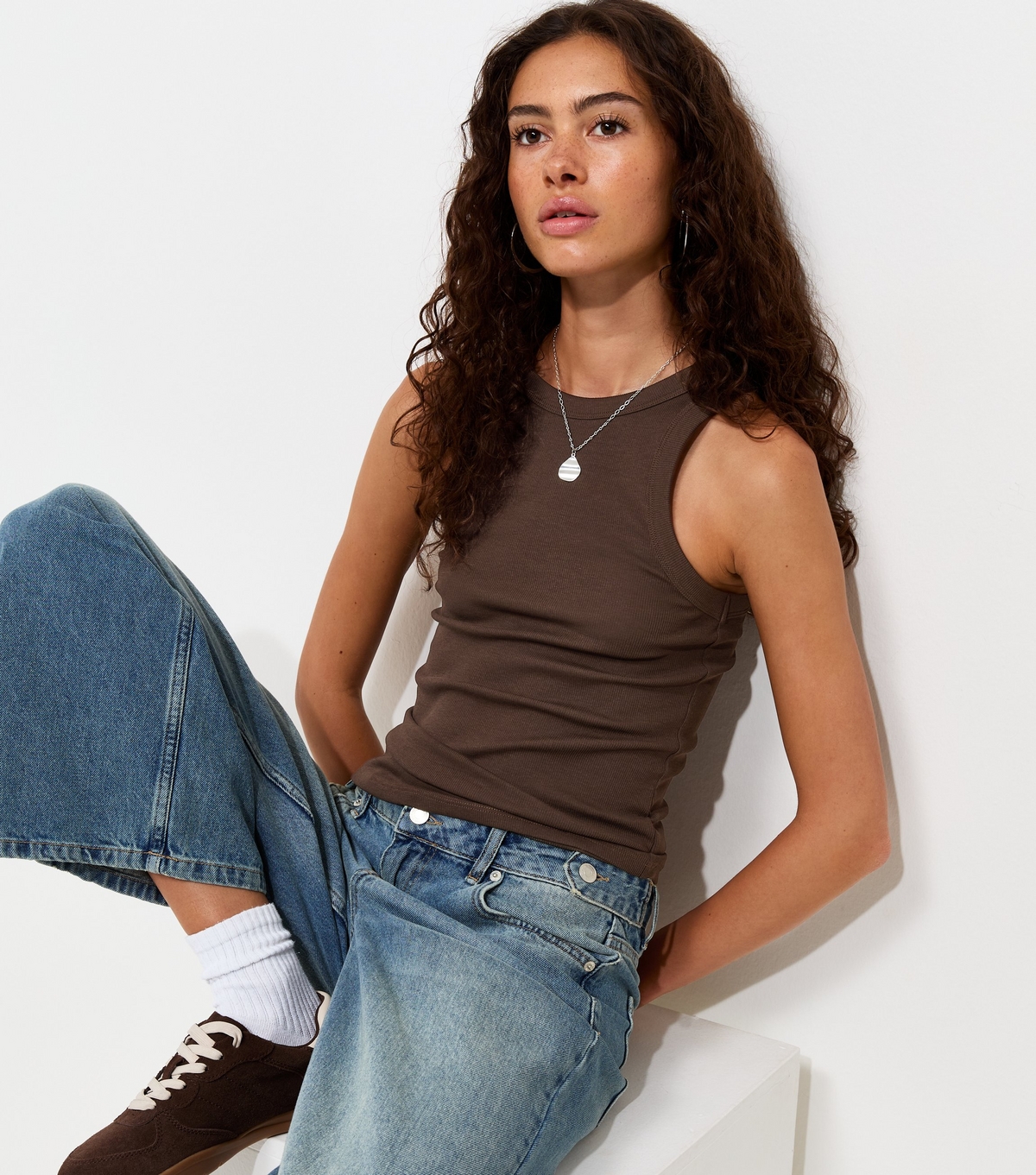 Women's Dark Brown Cotton Rich Racer Back Ribbed Vest Top New Look
