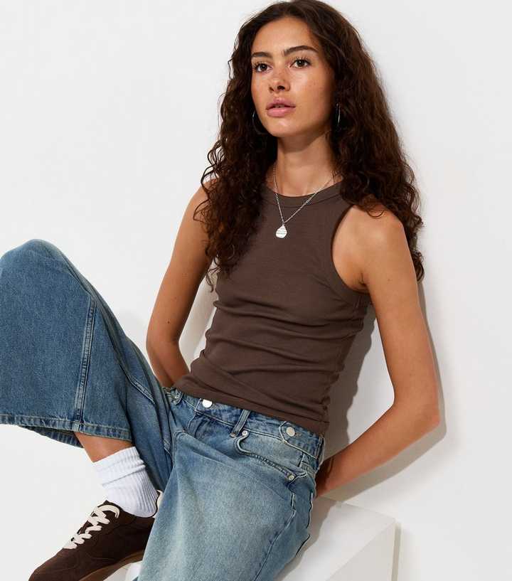 Dark Brown Cotton Rich Racer Back Ribbed Vest Top