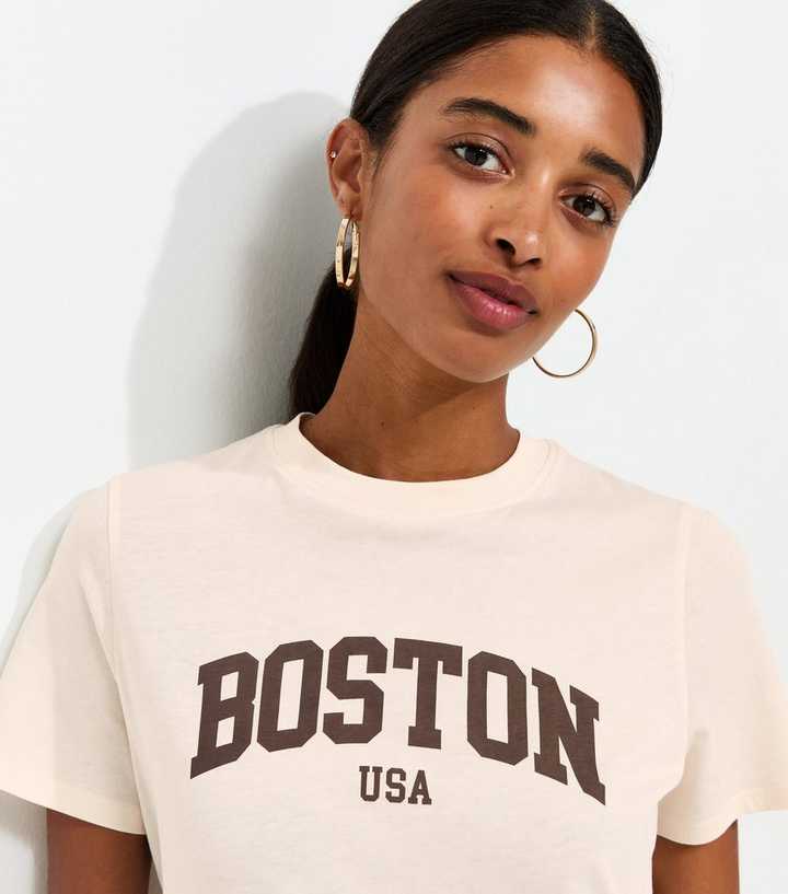 Cream Cotton Boston Print Relaxed Fit T-Shirt
